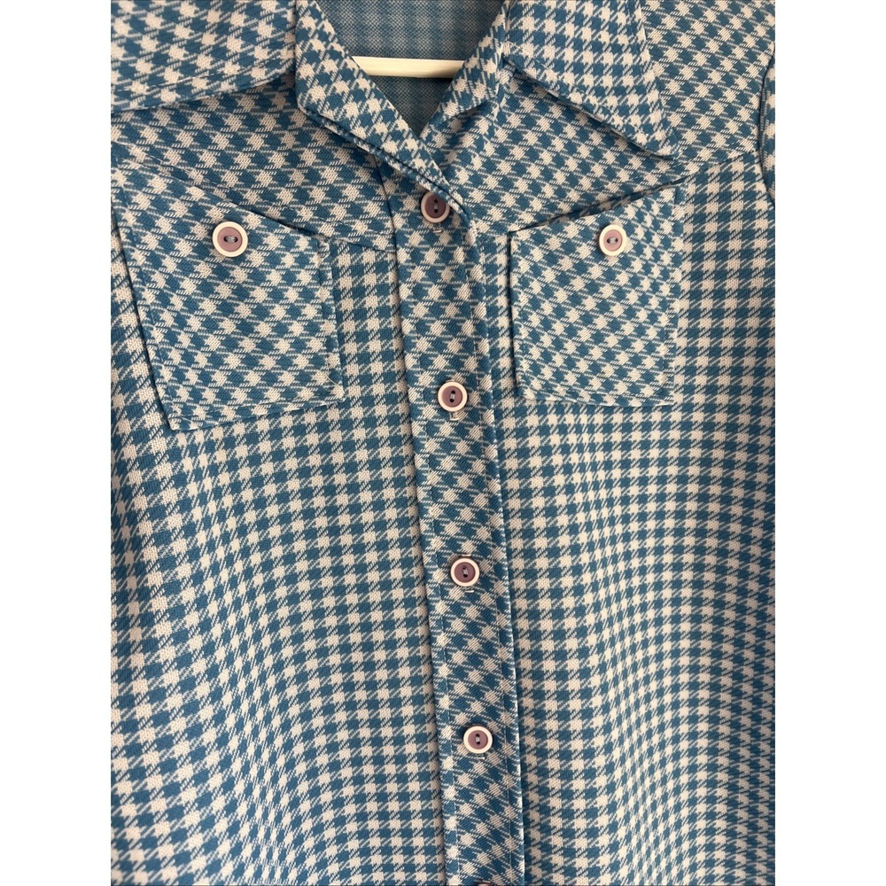 Vintage 70s Houndstooth Knit Shirt Blue Disco Wing Collar Womens M/L - Picture 4 of 10